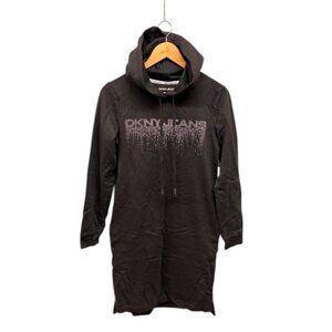 DKNY Jeans Women’s XS Black‎ Hoodie Dress Long Sleeve Rhinestone Logo Casual NWT